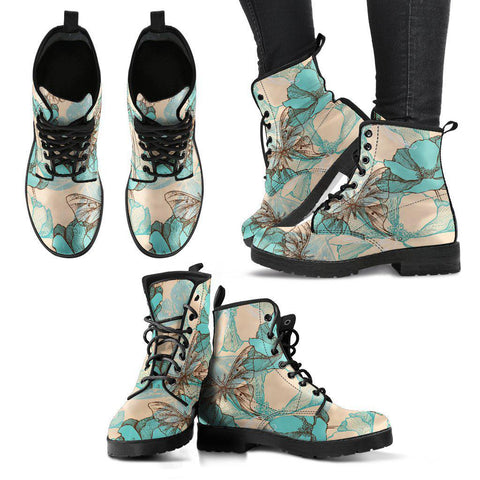 Image of Blue Abstract Butterflies Floral Women's Vegan Leather Boots, Handmade Rain Shoes, Hippie Spiritual Footwear, Multi-Design