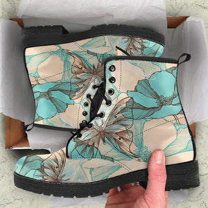 Blue Abstract Butterflies Floral Women's Vegan Leather Boots, Handmade Rain Shoes, Hippie Spiritual Footwear, Multi-Design