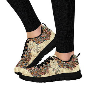 Beige Multicolored Paisley Dream Catcher Womens Sneakers, Top Shoes,Running Low Top Shoes, Athletic Sneakers,Kicks Sports Wear, Shoes