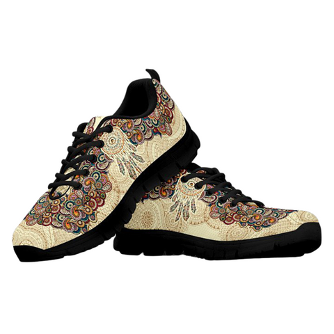 Image of Beige Multicolored Paisley Dream Catcher Womens Sneakers, Top Shoes,Running Low Top Shoes, Athletic Sneakers,Kicks Sports Wear, Shoes