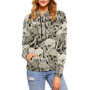 Beige Skull And Bones Womens Hoodie, Floral, Peace Clothes,Spiritual Colorful, Bright Floral Printed