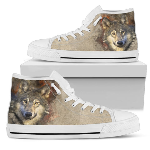 Image of Beige Wolf Spiritual, High Tops Sneaker, High Quality,Handmade Crafted, Hippie, Multi Colored, Boho,Streetwear,All Star,Custom Shoes