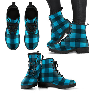 Blue Plaid Women's Boots: Vegan Leather, Premium Handcrafted Boots, Retro Winter
