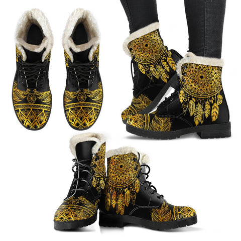 Image of Black And Gold Dreamcather Combat Boots,Hand Crafted,Multi Colored,Comfortable Boots,Decor Womens Boots,Combat Boots,Classic Boot