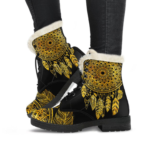 Image of Black And Gold Dreamcather Combat Boots,Hand Crafted,Multi Colored,Comfortable Boots,Decor Womens Boots,Combat Boots,Classic Boot