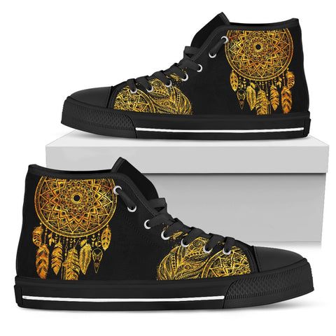 Image of Black And Gold Dreamcather High Tops Sneaker, Spiritual, High Quality,Handmade Crafted,Hippie,Multi Colored,Canvas Shoes,High Quality, Boho