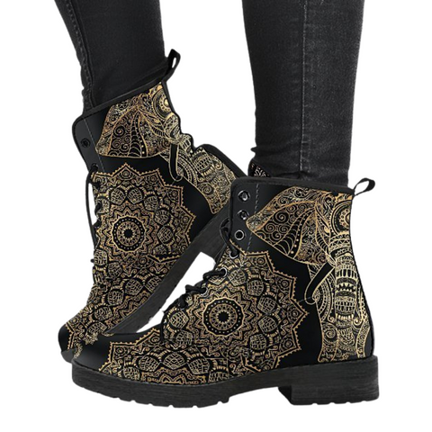 Image of Gold Elephant Mandala Women's Vegan Leather Boots, Rain Boots, Hippie