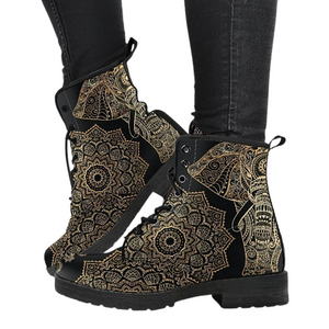 Gold Elephant Mandala Women's Vegan Leather Boots, Rain Boots, Hippie