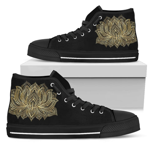 Image of Black And Gold Lotus Canvas Shoes,High Quality,Spiritual,High Tops Sneaker,Hippie,Streetwear,All Star,Custom Shoes,Womens High Top