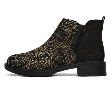 Black And Gold Mandala Women's Ankle Boots,Fashion Boots,Women's Boots,Leather Boots Women,Handmade Boots,Biker Boots,Vegan Leather
