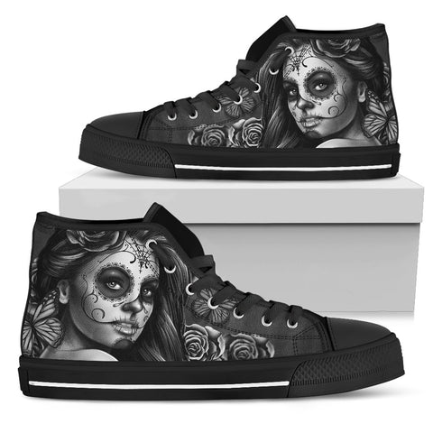 Image of Black And Grey Calavera High Tops Sneaker,Multi Colored,High Quality,Handmade Crafted,Streetwear,All Star,Custom Shoes,Womens High Top