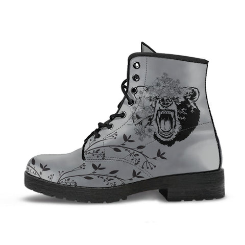 Image of Grey Fierce Bear, Women's Vegan Leather Boots, Lace,Up Boho Hippie Style,
