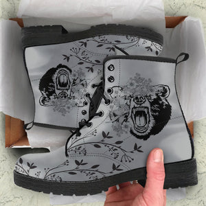Grey Fierce Bear, Women's Vegan Leather Boots, Lace,Up Boho Hippie Style,