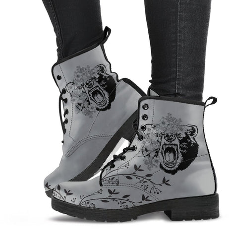 Image of Grey Fierce Bear, Women's Vegan Leather Boots, Lace,Up Boho Hippie Style,