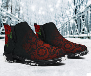 Black And Red Skull Rose Fashion Boots,Women's Boots,Leather Boots Women,Biker Boots,Vegan Leather,Handmade Boots,Women's Ankle Boots