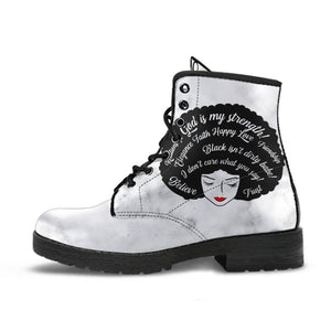 Afro Girl Faith Women's Vegan Leather Boots, Handcrafted Hippie Streetwear,