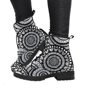 Aztec Mandala Women's Boots: Vegan Leather, Handcrafted Lace Up Ankle Boots,