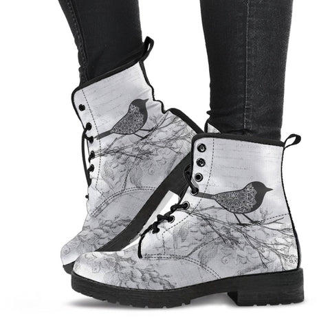 Image of Bird Branch Mandala Women's Leather Boots, Hippie Streetwear, Stylish