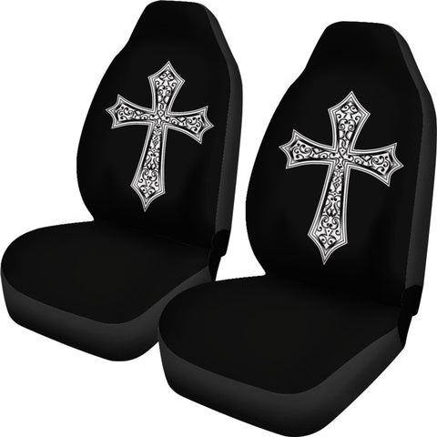 Image of Black And White Cross Car Seat Covers,Car Seat Covers Pair,Car Seat Protector,Car Accessory,Front Seat Covers,Seat Cover for Car