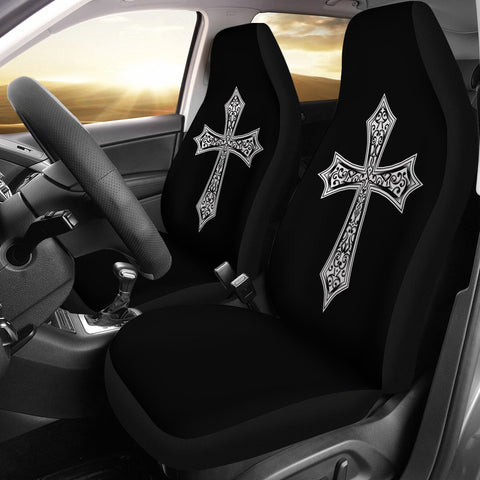 Image of Black And White Cross Car Seat Covers,Car Seat Covers Pair,Car Seat Protector,Car Accessory,Front Seat Covers,Seat Cover for Car