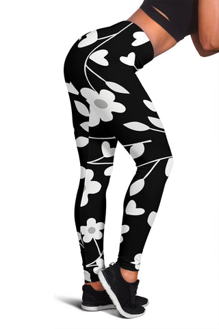 Image of Black And White Floral Low Rise Capri Leggings,Womens Leggings,Yoga Pants, Polyester Spandex Tights, Activewear Leggings,Womens Leggings