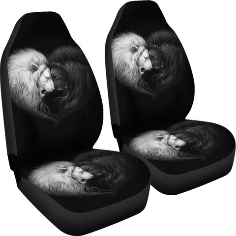 Image of Black And White Lion 2 Front Car Seat Covers Car Seat Covers,Car Seat Covers Pair,Car Seat Protector,Car Accessory,Front Seat Covers