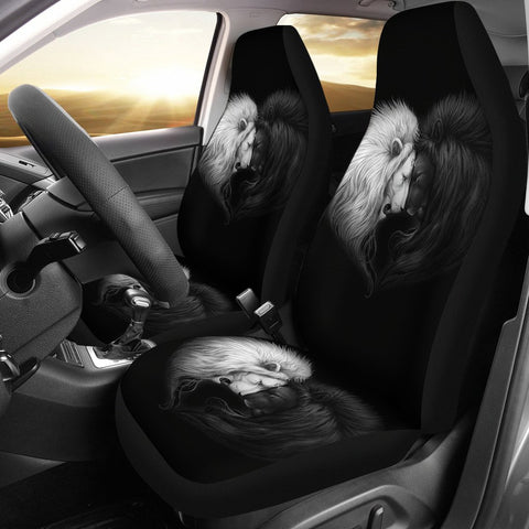 Image of Black And White Lion 2 Front Car Seat Covers Car Seat Covers,Car Seat Covers Pair,Car Seat Protector,Car Accessory,Front Seat Covers