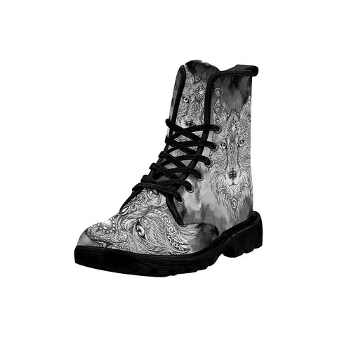 Image of Black And White Wolf Womens Boot Combat Style Boots, ,Comfortable Boots