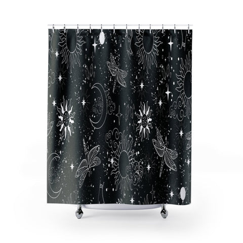 Image of Black Astrological Dragonfly Galaxy Universe Sun Moon Shower Curtains, Water