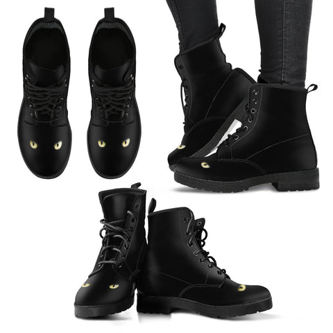 Image of Black Cat Eyes Women's Leather Boots, Handcrafted Vegan Leather, Lace Up Ankle