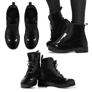 Black Cat Eyes Women's Leather Boots, Handcrafted Vegan Leather, Lace Up Ankle