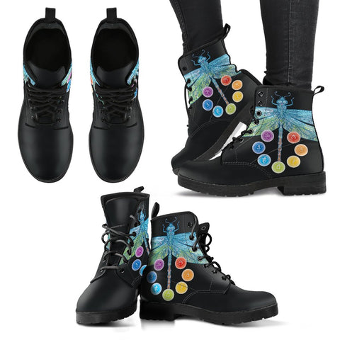 Image of Chakra Dragonfly, Women's Vegan Leather Boots, Lace,Up Boho Hippie Style,