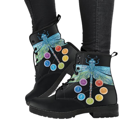 Image of Chakra Dragonfly, Women's Vegan Leather Boots, Lace,Up Boho Hippie Style,
