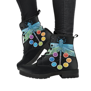Chakra Dragonfly, Women's Vegan Leather Boots, Lace,Up Boho Hippie Style,
