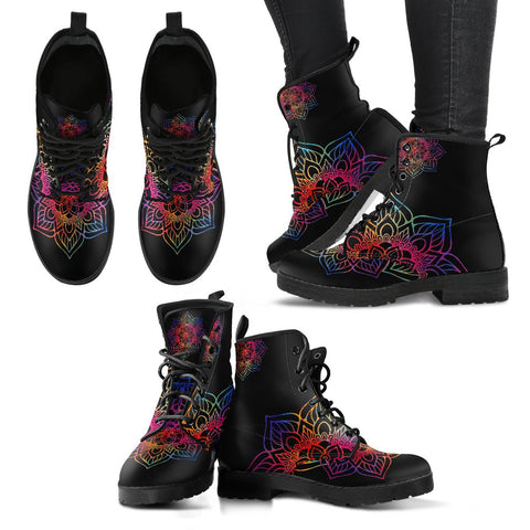 Image of Black Colorful Mandala Lolita Combat Boots, Handcrafted Hippie Vegan Leather,
