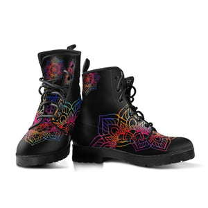 Black Colorful Mandala Lolita Combat Boots, Handcrafted Hippie Vegan Leather,
