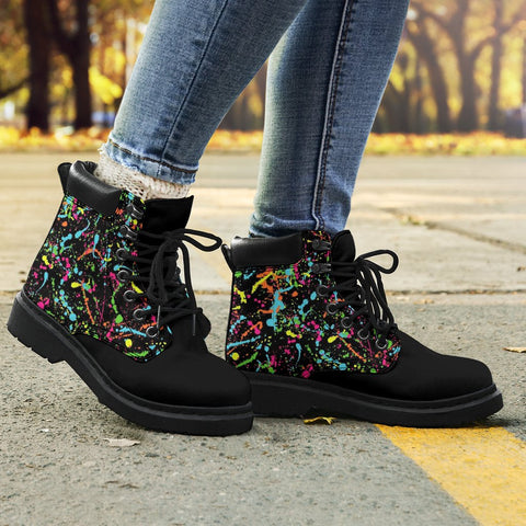 Image of Black Colorful Paint Splatter All Season Boots,Vegan,Rain Boots,Leather Boots Women,Women Girl Gift,Handmade Boots,Streetwear
