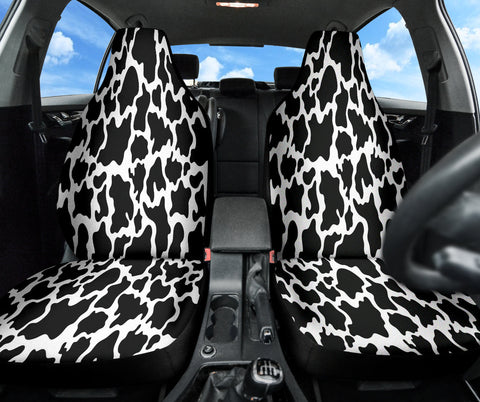 Image of Black Cow Print Front Car Seat Covers, Animal Pattern Seat Protector, Fun Car
