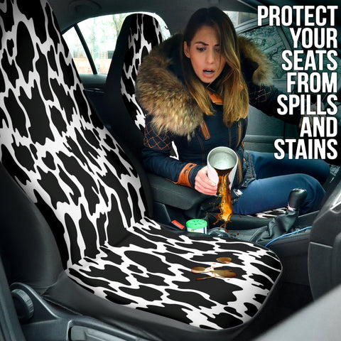 Image of Black Cow Print Front Car Seat Covers, Animal Pattern Seat Protector, Fun Car