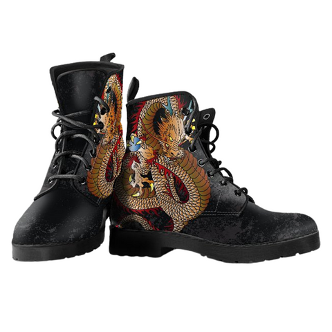 Image of Dragon Pattern Design: Women's Vegan Leather Boots, Handcrafted Ankle Lace,up