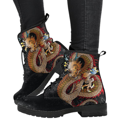Image of Dragon Pattern Design: Women's Vegan Leather Boots, Handcrafted Ankle Lace,up