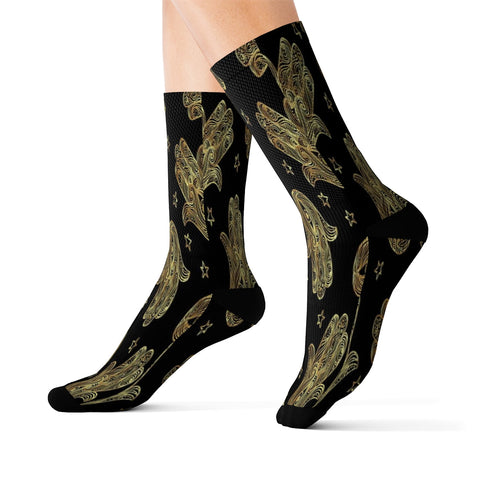 Image of Black & Gold Star Hamsa Hand Long Sublimation Socks, High Ankle Socks, Warm and