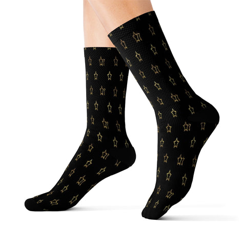 Image of Black & Gold Star Long Sublimation Socks, High Ankle Socks, Warm and Cozy Crew