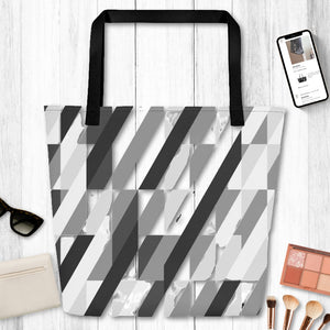 Black & Grey Abstract Geometric Stripes Multicolored Straps Large Tote Bag,