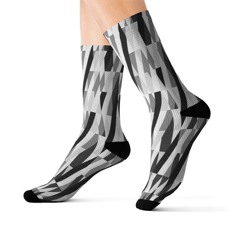 Image of Black & Grey Abstract Stripe Long Sublimation Socks, High Ankle Socks, Warm and