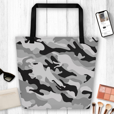Black & Grey Camouflage Multicolored Strap Large Tote Bag, Weekender Tote/ Hospital Bag/ Overnight/ Graphic/ Shopping Bags, Canvas Tote