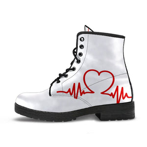 Heartbeat Sign, Women's White Vegan Leather Boots, Lace-Up Boho Hippie Style, Mandala Ankle Footwear