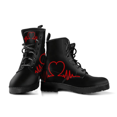 Image of Heartbeat Sign, Women's Vegan Black Leather Boots, Lace,Up Boho Hippie Style,