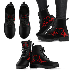 Heartbeat Sign, Women's Vegan Black Leather Boots, Lace,Up Boho Hippie Style,
