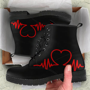 Heartbeat Sign, Women's Vegan Black Leather Boots, Lace,Up Boho Hippie Style,